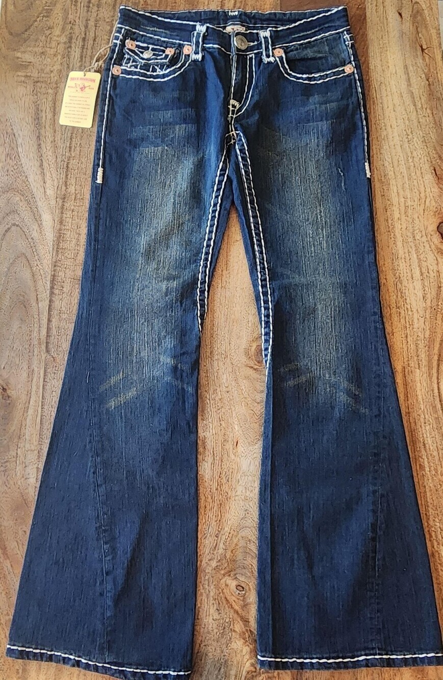 True Religion Jeans Womens 30 Blue Low Rise Flare Distressed USA Stretch Denim